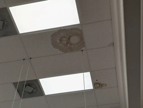 Water stain on ceiling tile from roof leak in Palm Beach County commercial property