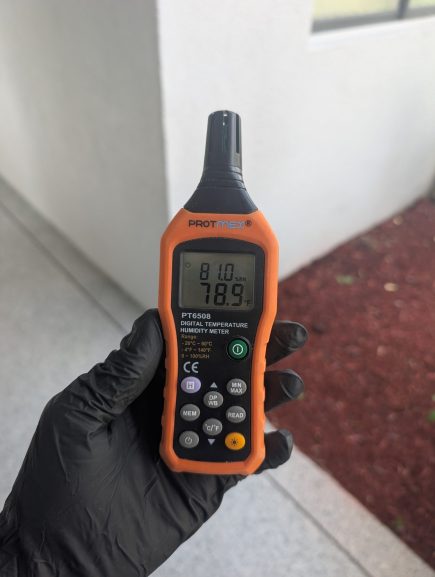 Humidity and temperature readings taken during water damage inspection in Palm Beach County